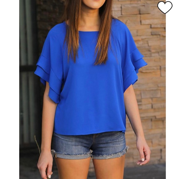 Umgee NEW Royal Blue Ruffle Short Sleeve Top - Picture 2 of 9